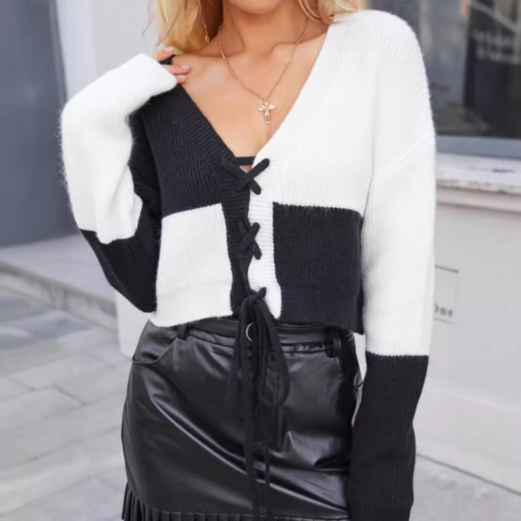 Women's Long Sleeve V-Neck Knit Cardigan with Tie