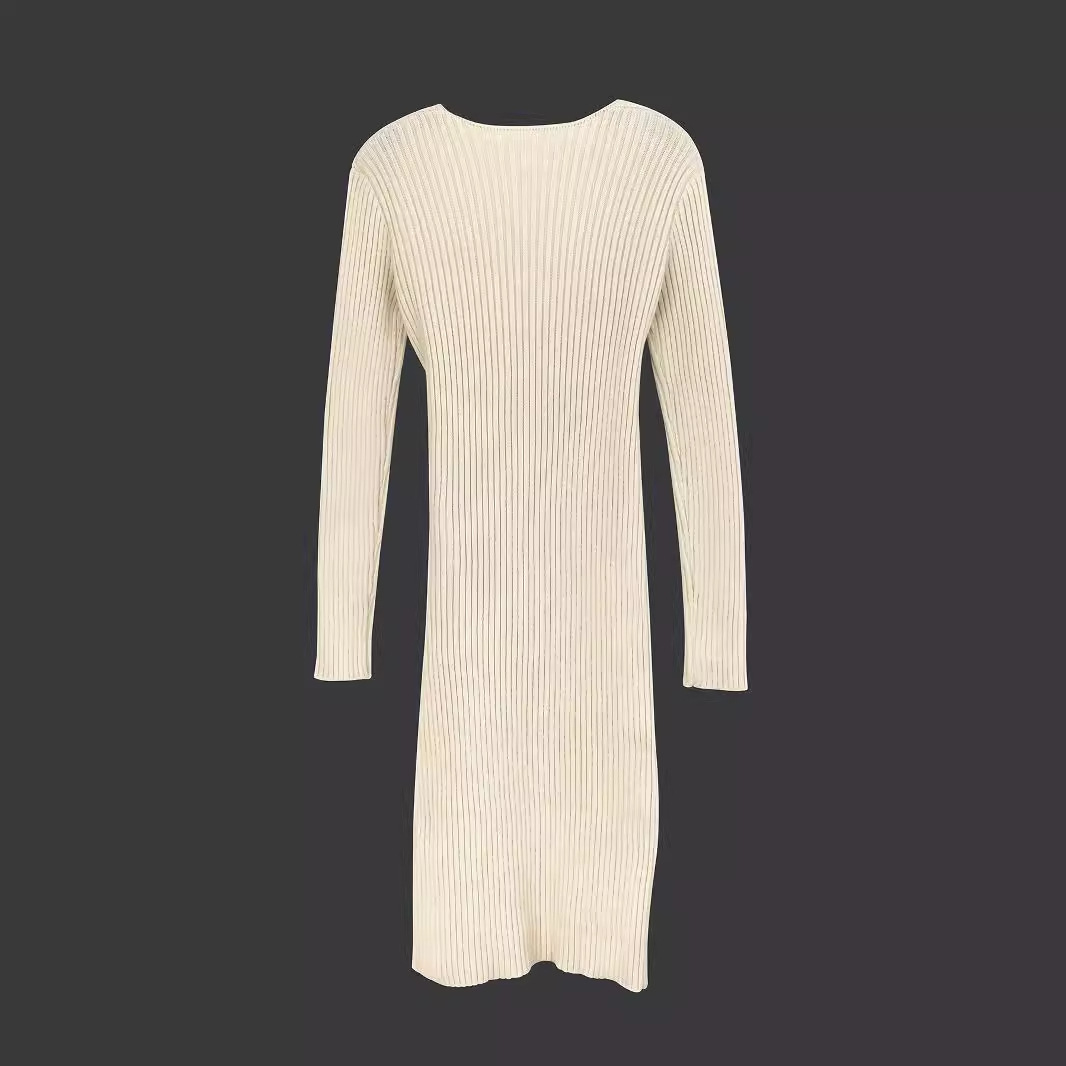 Women's V-Neck Knit Sweater Dress Slim Fit Solid Color Casual Fall Winter