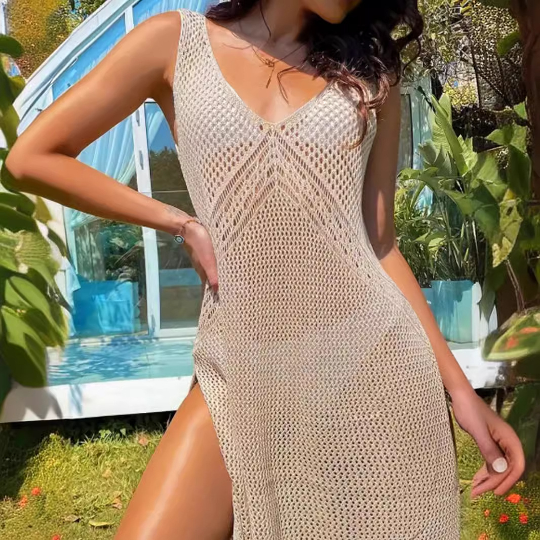 Sleeveless V-Neck Hollow Out Sundress Beach Vacation Summer Dress