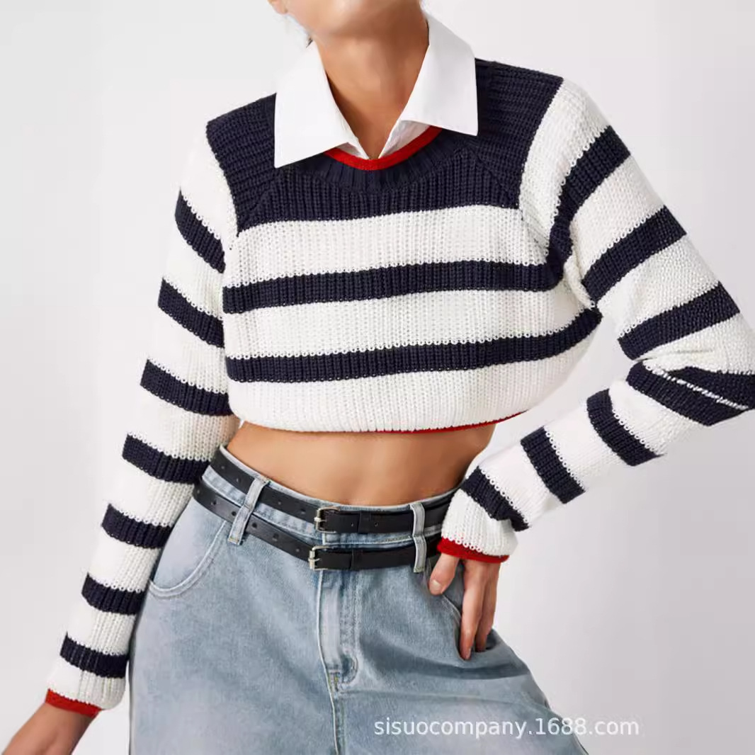 Knit Sweater Women Crewneck Striped Long Sleeve Spring Autumn SSU-00105