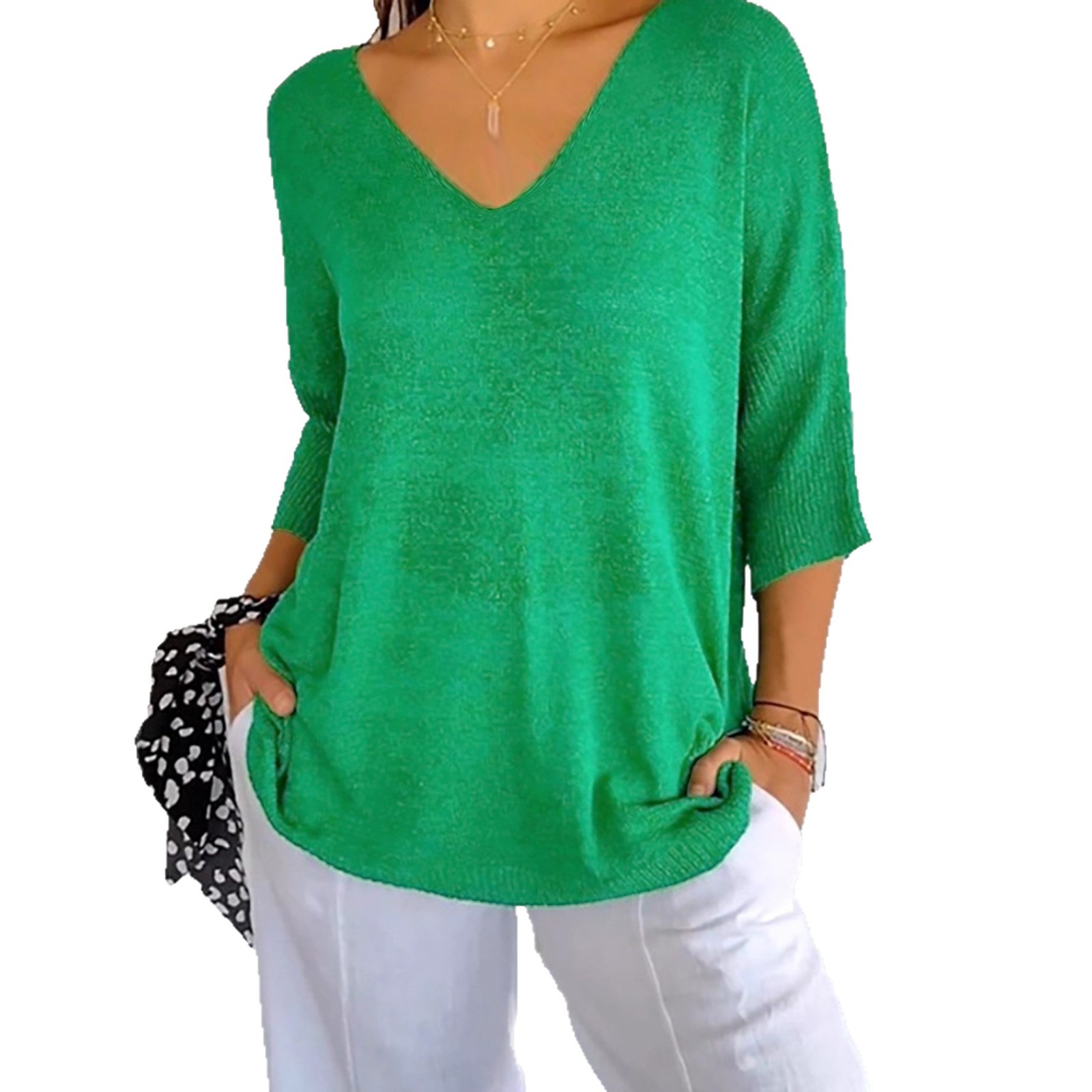 Knitted V-Neck 3/4 Sleeve Pullover Top - Women's Spring/Autumn SSU-00075