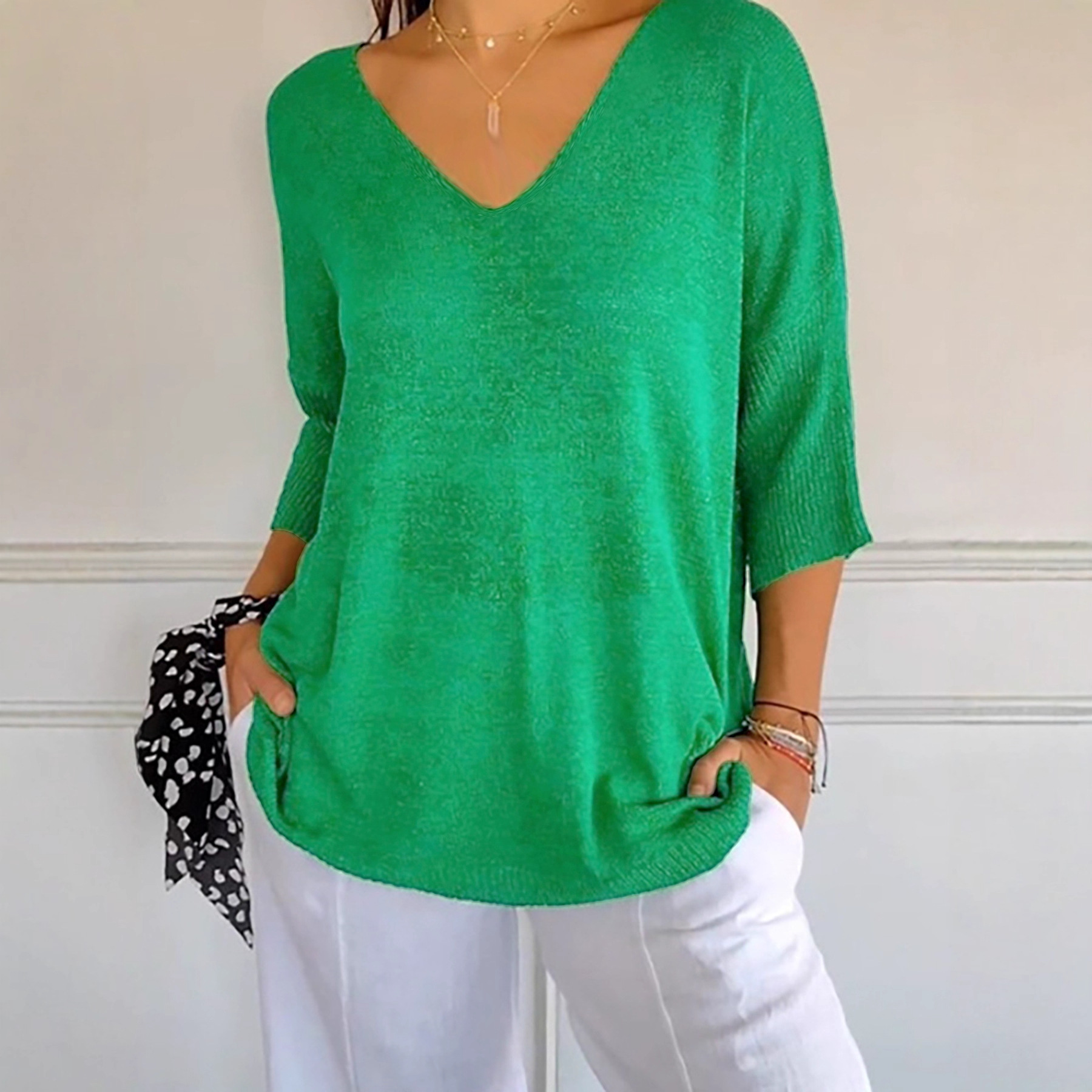 Knitted V-Neck 3/4 Sleeve Pullover Top - Women's Spring/Autumn SSU-00075