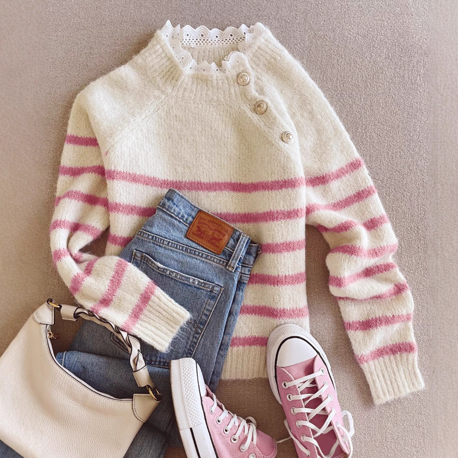 Knit Striped Sweater Lace Patchwork Long Sleeve Top SSU-00073