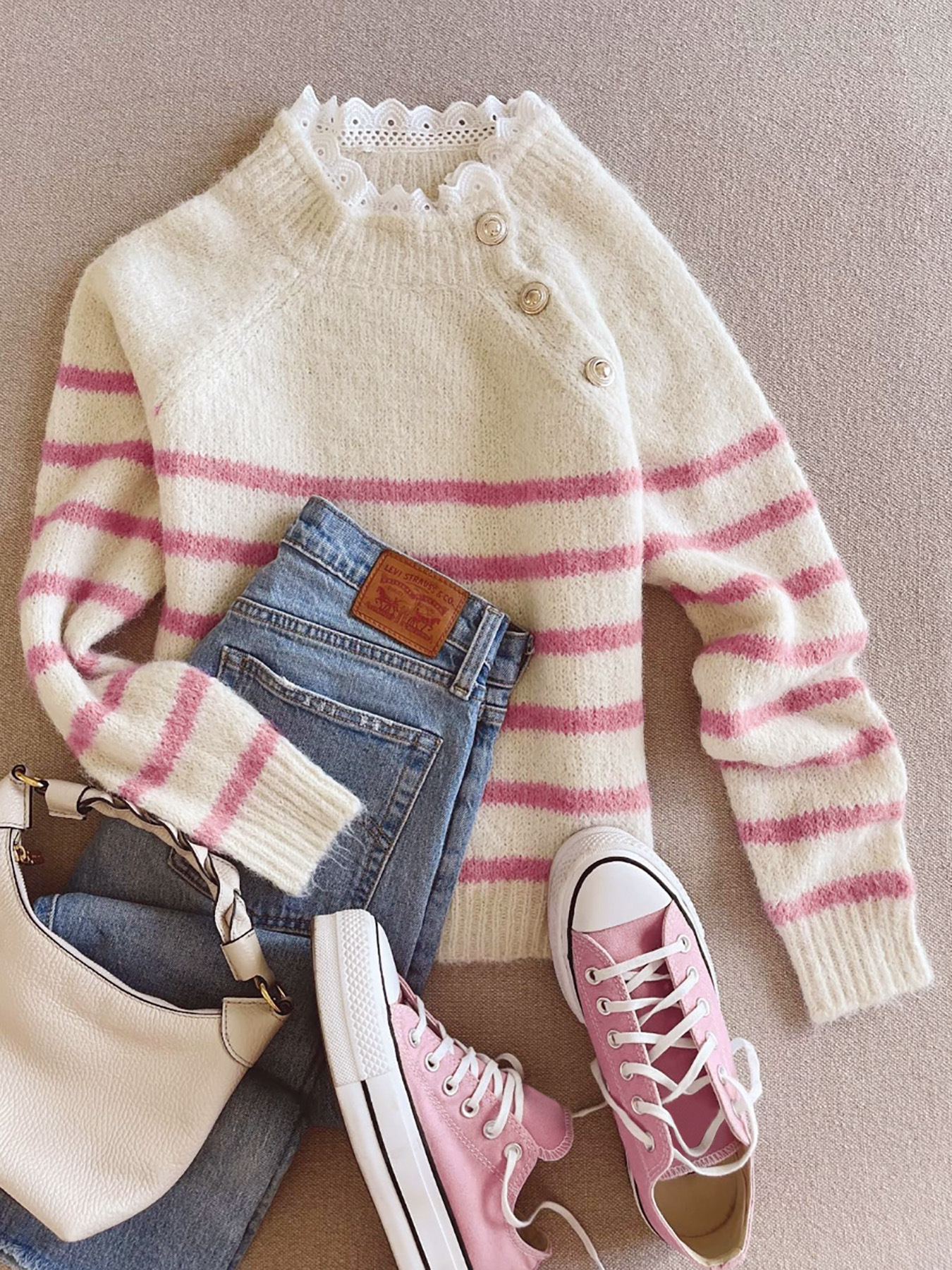 Knit Striped Sweater Lace Patchwork Long Sleeve Top SSU-00073