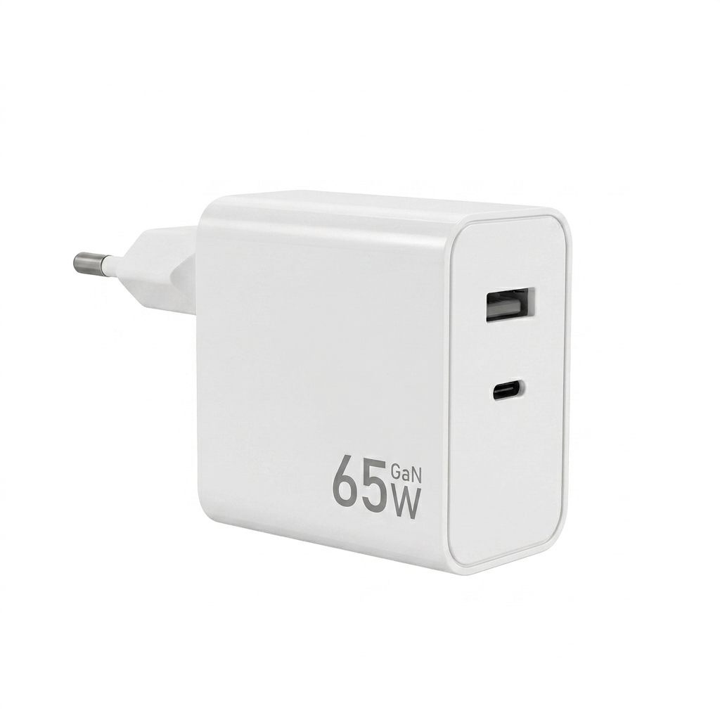 65W GaN Fast Charger, USB-C and USB-A Dual Port Wall Adapter