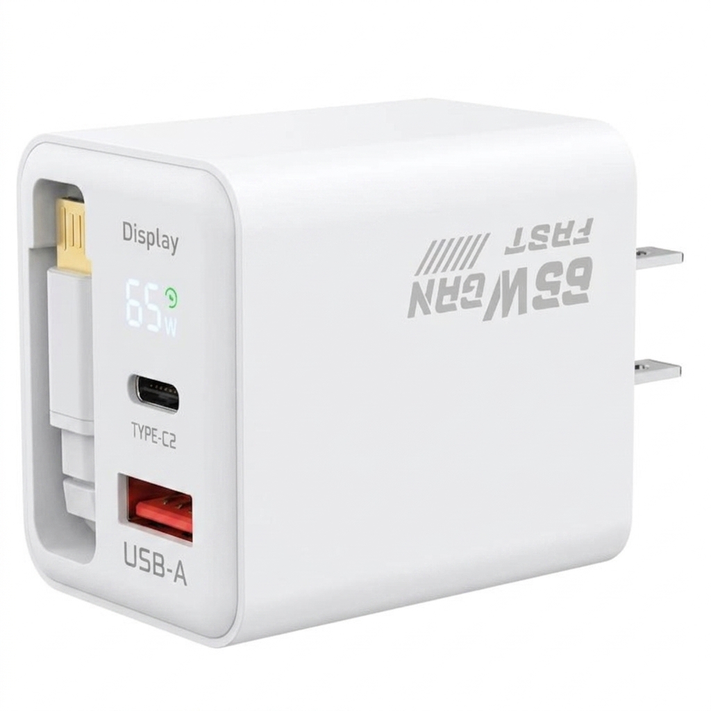 65W GaN Fast Charger with Digital Display and Retractable Cable