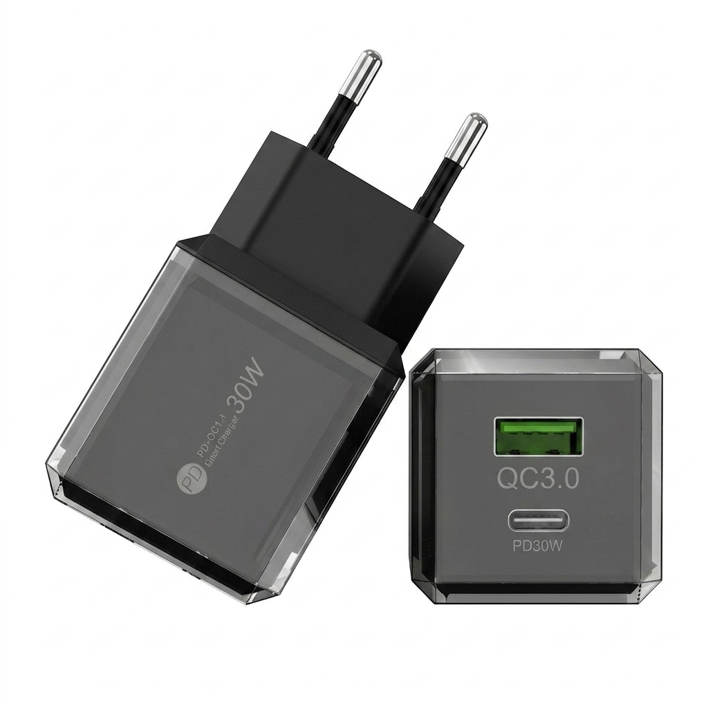 30W Dual Port USB-C and USB-A Fast Charger, Transparent Casing