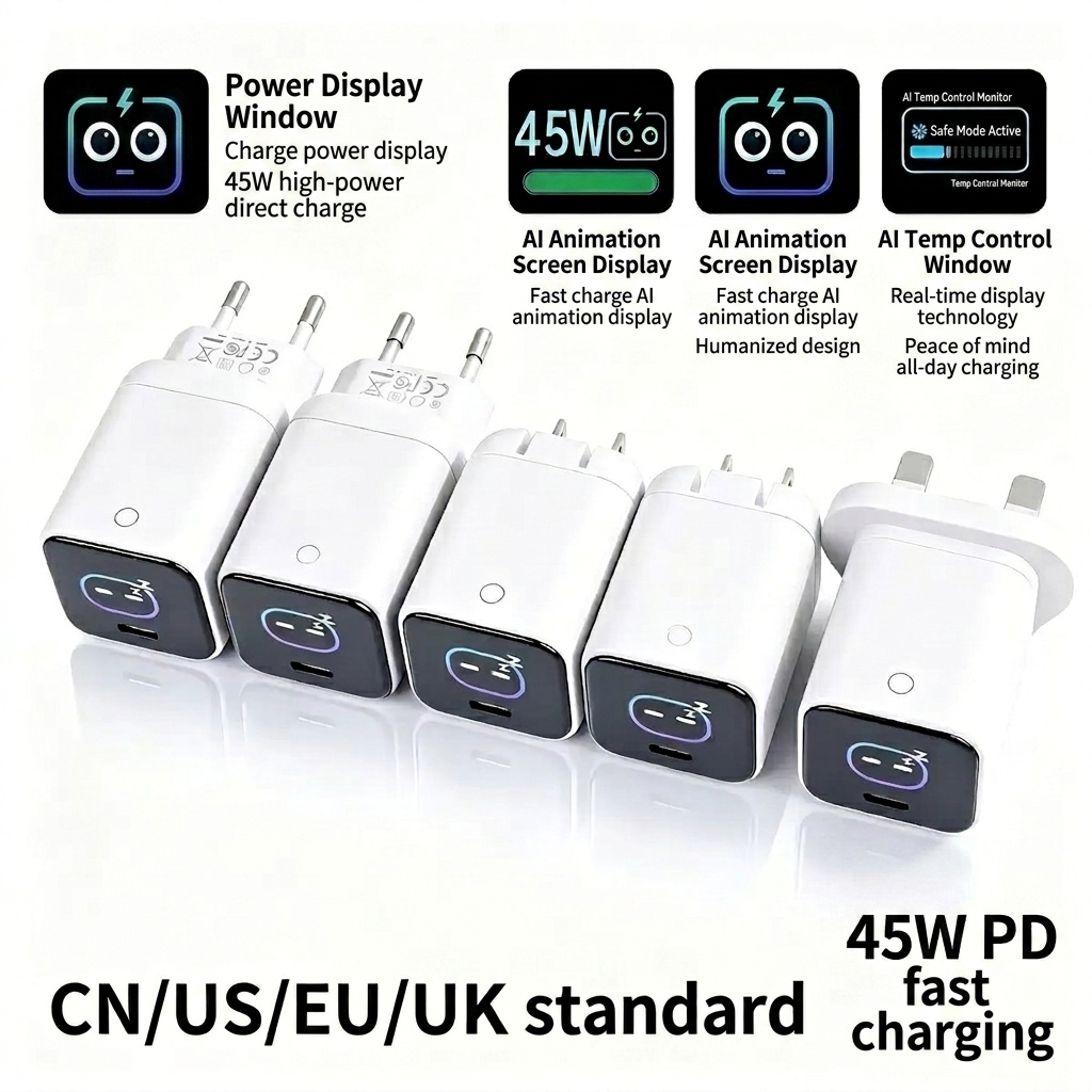 45W GaN Fast Charger with TFT Display and Foldable Plug