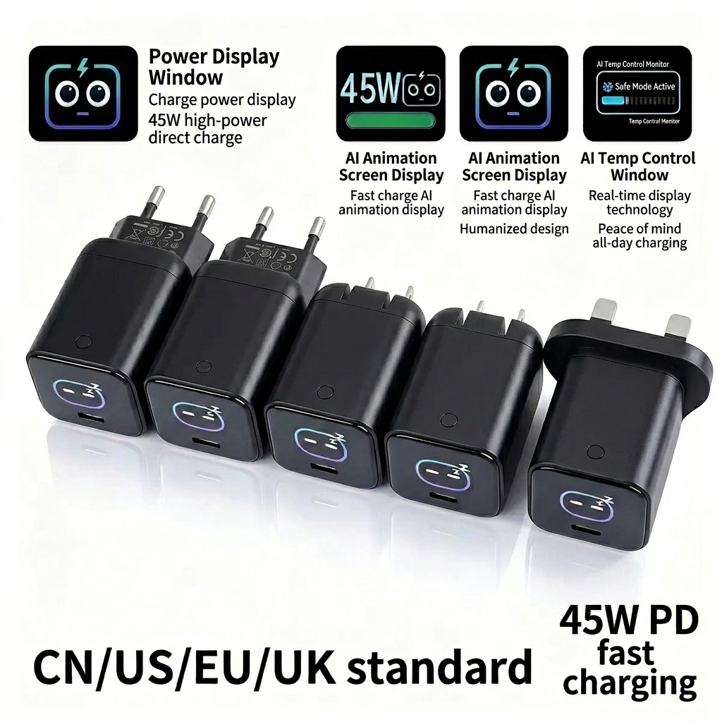 45W GaN Fast Charger with TFT Display and Foldable Plug