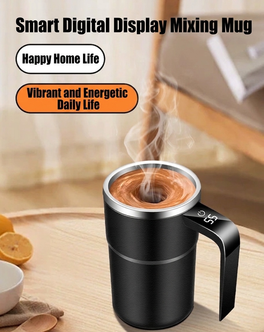 Intelligenter, selbstumrührender Kaffeebecher mit digitaler Temperaturanzeige, Edelstahl 304, wasserdicht (IP67), wiederaufladbar (Typ C), tragbarer, automatischer Magnetrührbecher