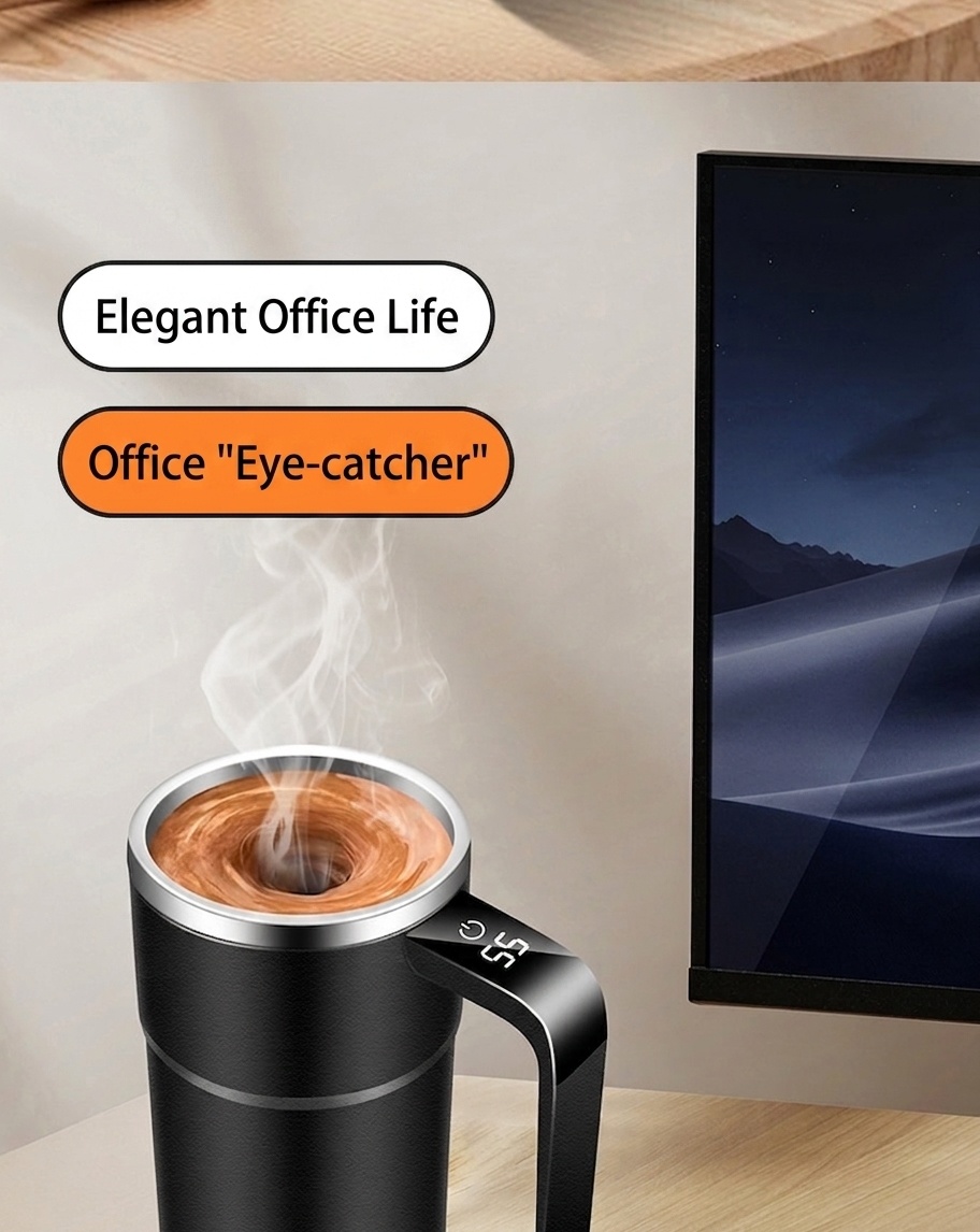 Intelligenter, selbstumrührender Kaffeebecher mit digitaler Temperaturanzeige, Edelstahl 304, wasserdicht (IP67), wiederaufladbar (Typ C), tragbarer, automatischer Magnetrührbecher