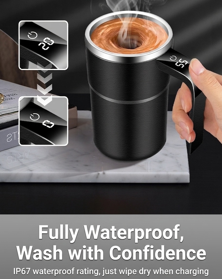 Intelligenter, selbstumrührender Kaffeebecher mit digitaler Temperaturanzeige, Edelstahl 304, wasserdicht (IP67), wiederaufladbar (Typ C), tragbarer, automatischer Magnetrührbecher