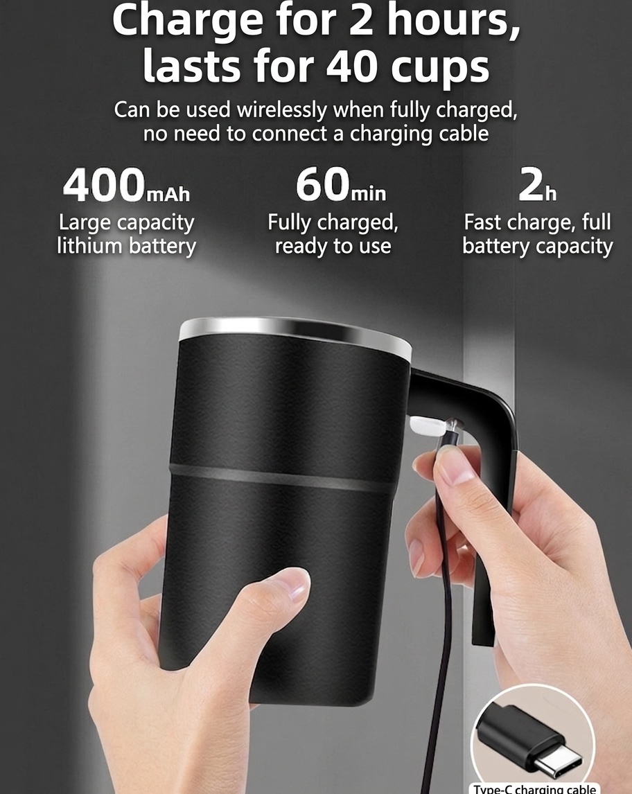 Intelligenter, selbstumrührender Kaffeebecher mit digitaler Temperaturanzeige, Edelstahl 304, wasserdicht (IP67), wiederaufladbar (Typ C), tragbarer, automatischer Magnetrührbecher