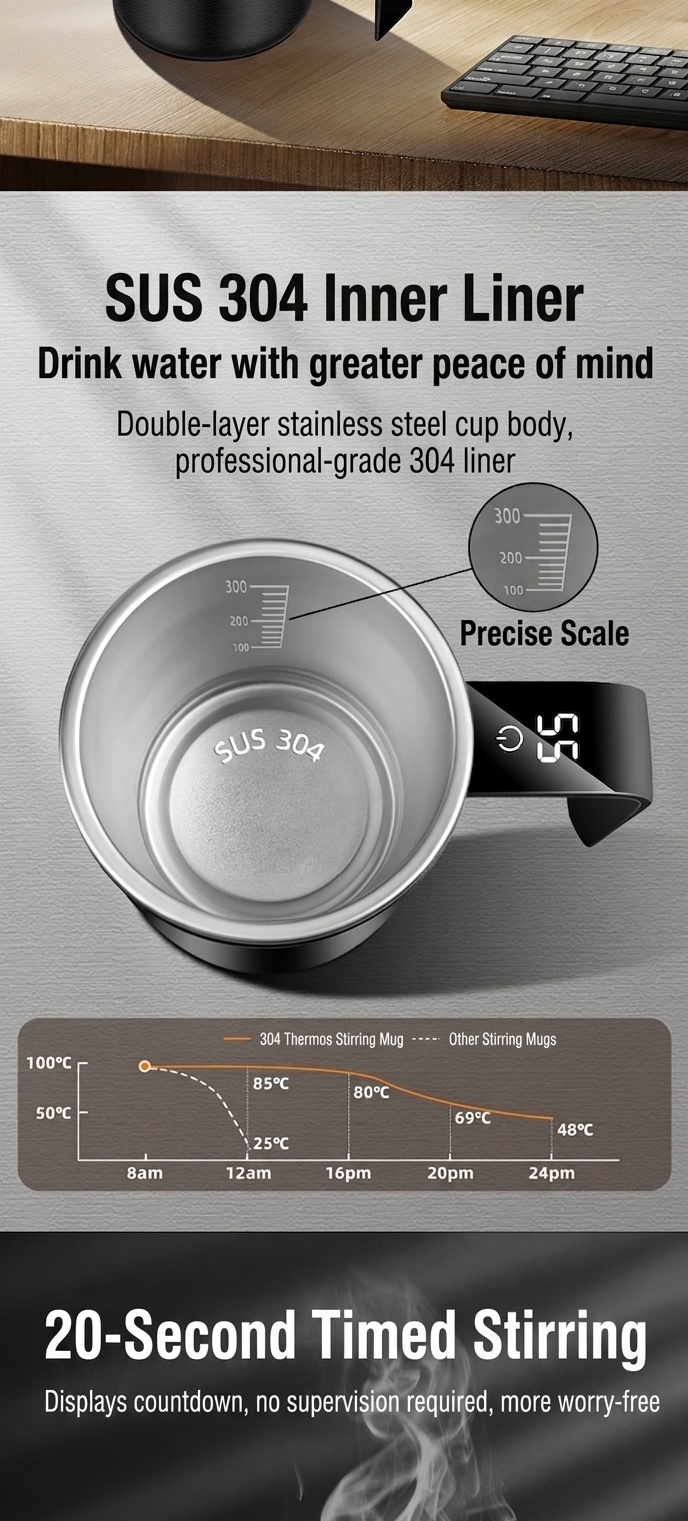 Intelligenter, selbstumrührender Kaffeebecher mit digitaler Temperaturanzeige, Edelstahl 304, wasserdicht (IP67), wiederaufladbar (Typ C), tragbarer, automatischer Magnetrührbecher