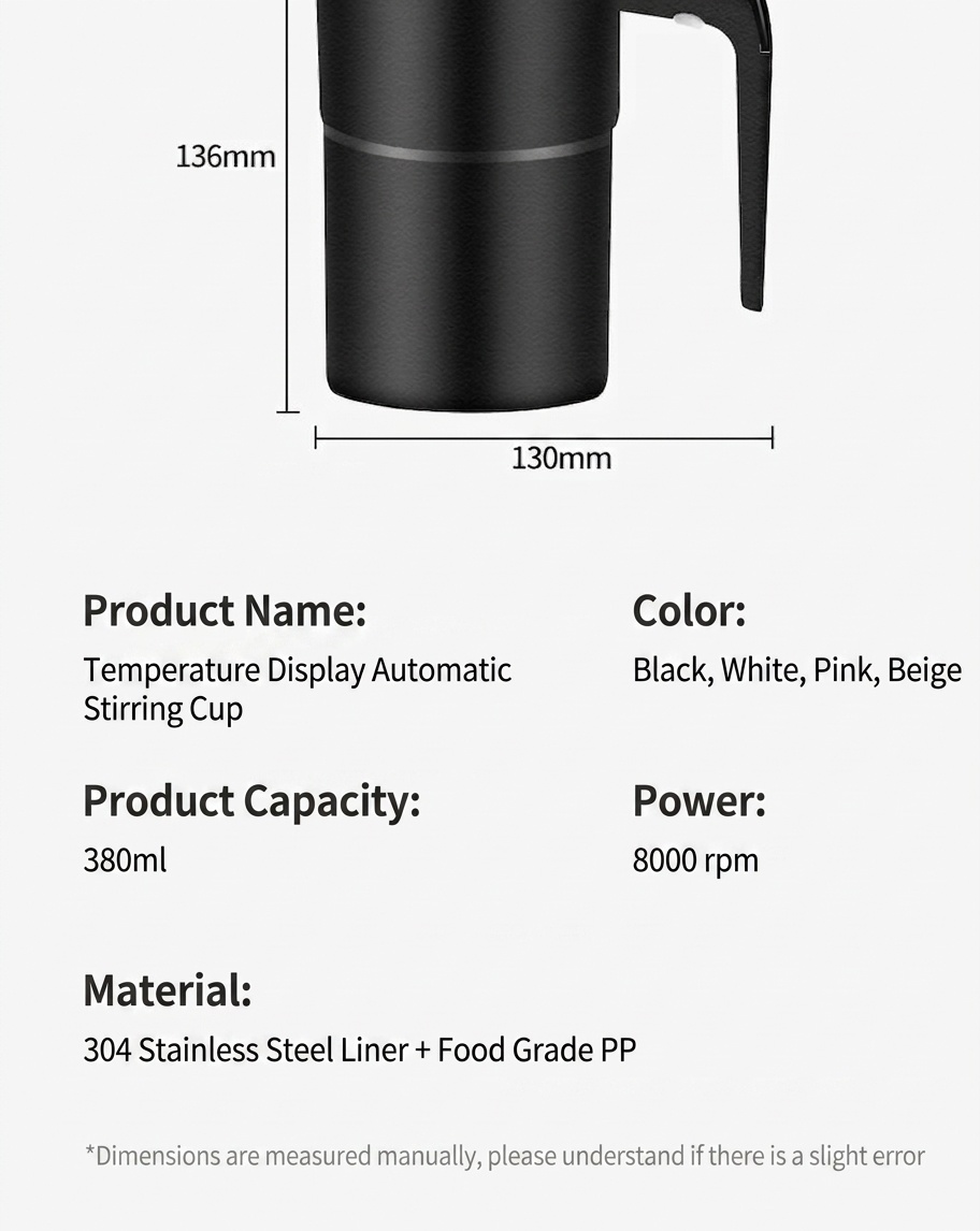 Intelligenter, selbstumrührender Kaffeebecher mit digitaler Temperaturanzeige, Edelstahl 304, wasserdicht (IP67), wiederaufladbar (Typ C), tragbarer, automatischer Magnetrührbecher