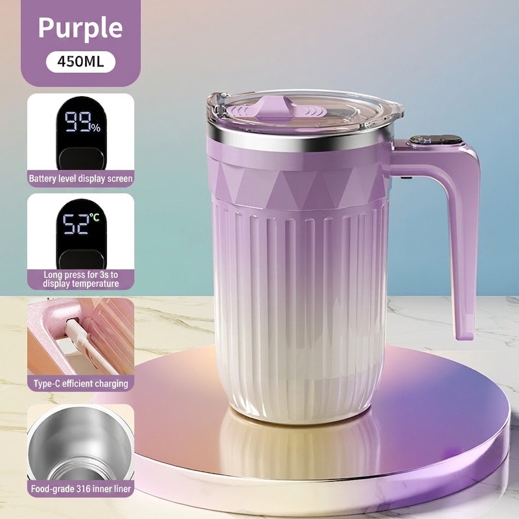 Automatischer 450-ml-Kaffeebecher mit Selbstumrührfunktion, 8000 U/min Magnetrührbecher, Edelstahl 316, USB-C-aufladbarer, tragbarer Reisebecher mit automatischer Rührfunktion