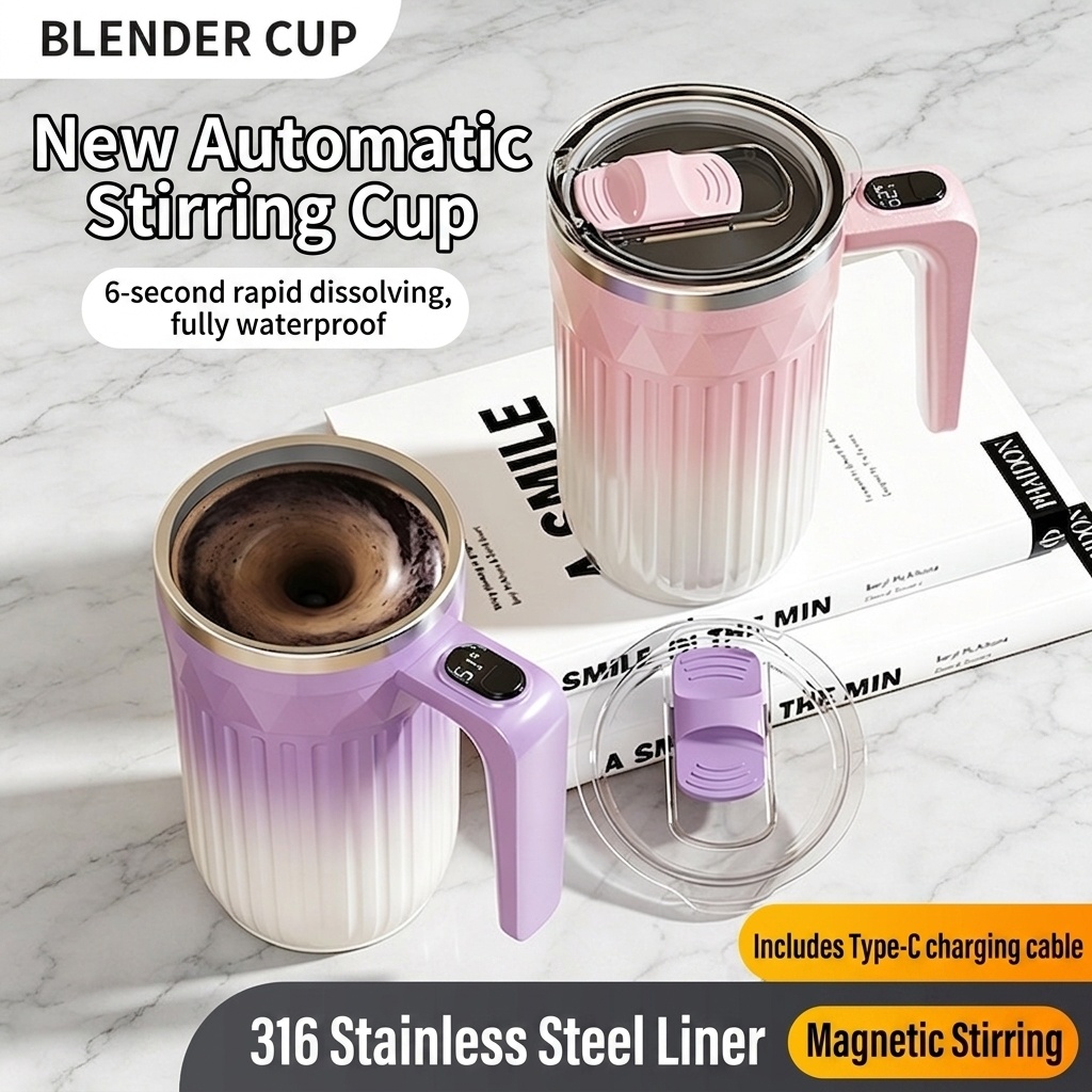 Automatischer 450-ml-Kaffeebecher mit Selbstumrührfunktion, 8000 U/min Magnetrührbecher, Edelstahl 316, USB-C-aufladbarer, tragbarer Reisebecher mit automatischer Rührfunktion