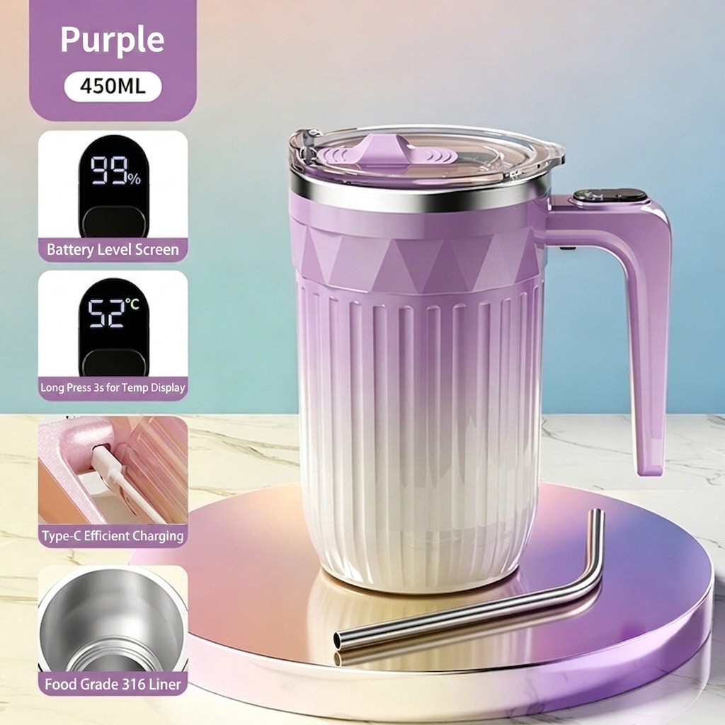 Automatischer 450-ml-Kaffeebecher mit Selbstumrührfunktion, 8000 U/min Magnetrührbecher, Edelstahl 316, USB-C-aufladbarer, tragbarer Reisebecher mit automatischer Rührfunktion