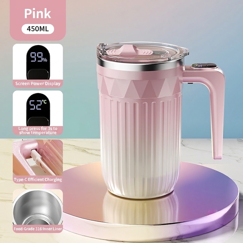Automatischer 450-ml-Kaffeebecher mit Selbstumrührfunktion, 8000 U/min Magnetrührbecher, Edelstahl 316, USB-C-aufladbarer, tragbarer Reisebecher mit automatischer Rührfunktion