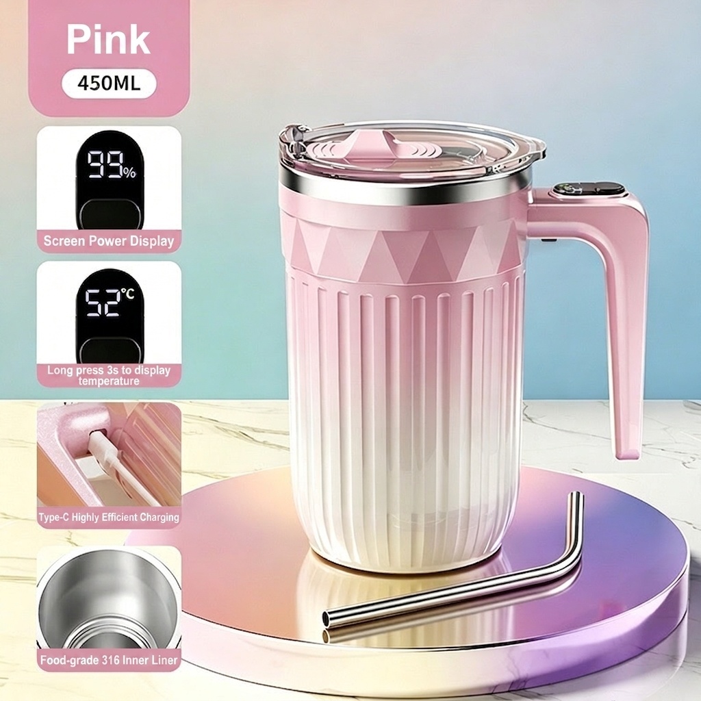 Automatischer 450-ml-Kaffeebecher mit Selbstumrührfunktion, 8000 U/min Magnetrührbecher, Edelstahl 316, USB-C-aufladbarer, tragbarer Reisebecher mit automatischer Rührfunktion