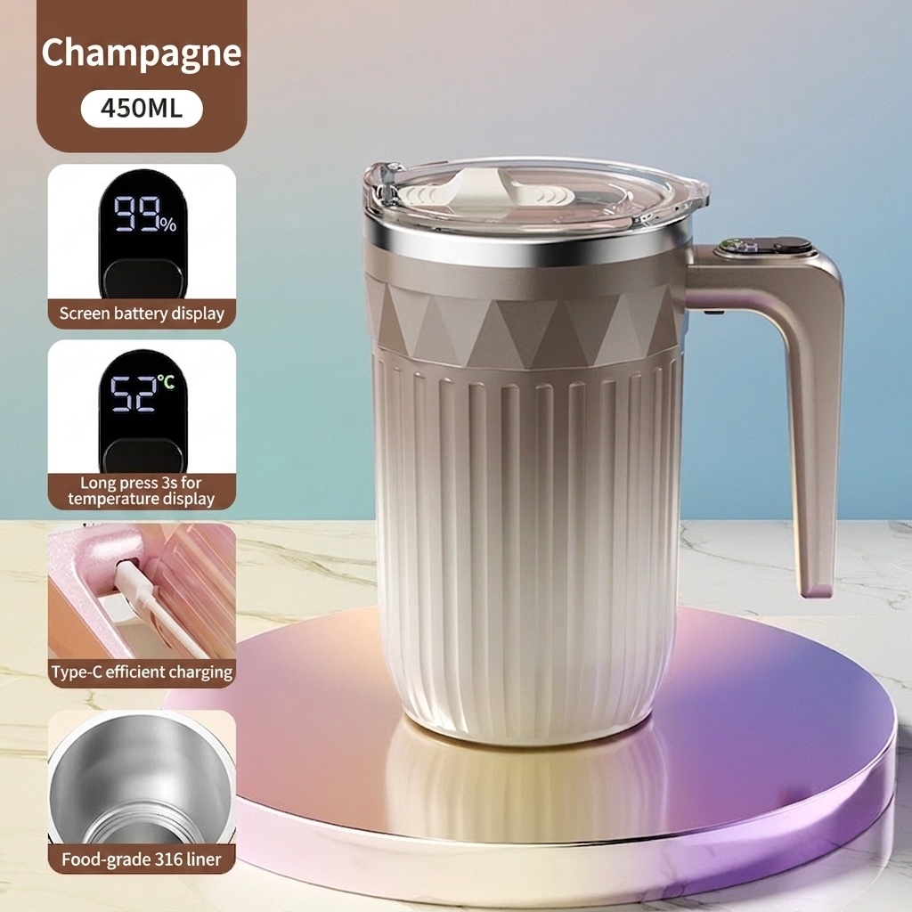 Automatischer 450-ml-Kaffeebecher mit Selbstumrührfunktion, 8000 U/min Magnetrührbecher, Edelstahl 316, USB-C-aufladbarer, tragbarer Reisebecher mit automatischer Rührfunktion