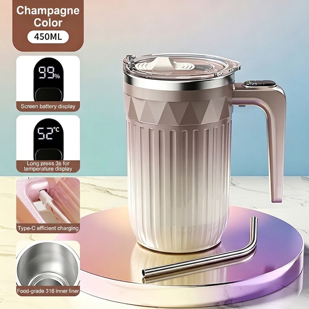 Automatischer 450-ml-Kaffeebecher mit Selbstumrührfunktion, 8000 U/min Magnetrührbecher, Edelstahl 316, USB-C-aufladbarer, tragbarer Reisebecher mit automatischer Rührfunktion