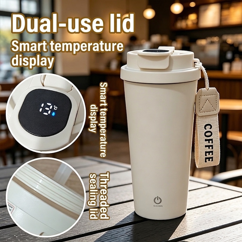 Automatischer 400-ml-Kaffeebecher mit Rührfunktion und intelligenter Temperaturanzeige, Edelstahl 304, wiederaufladbar über USB-C, 30 Tage Standby-Zeit