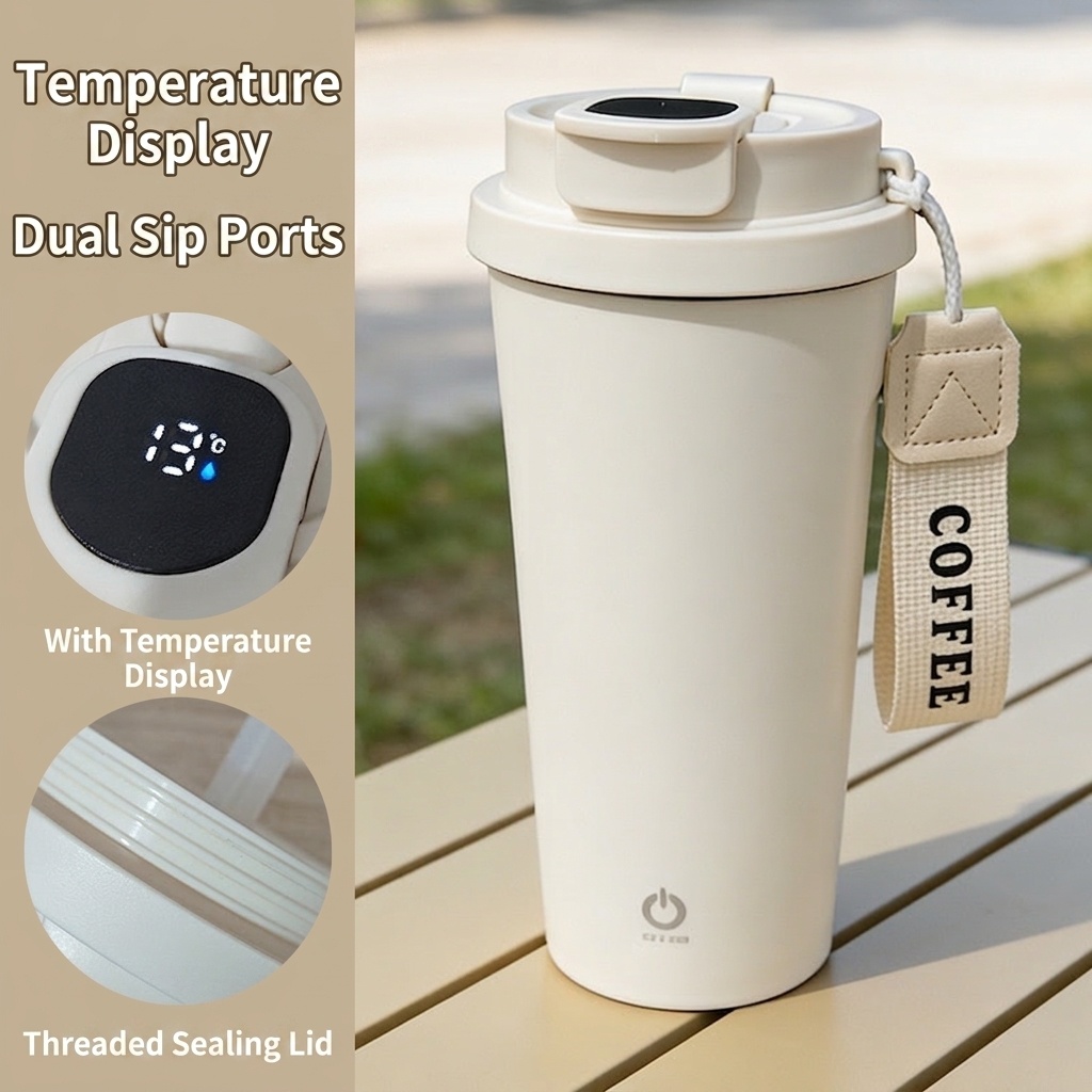 Automatischer 400-ml-Kaffeebecher mit Rührfunktion und intelligenter Temperaturanzeige, Edelstahl 304, wiederaufladbar über USB-C, 30 Tage Standby-Zeit