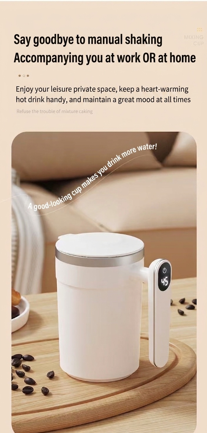 Intelligenter 400-ml-Kaffeebecher mit Selbstumrührfunktion, gut lesbarer Temperaturanzeige, magnetischem Rotor, Edelstahl 304, 300-mAh-Akku (USB-C-Ladefunktion)