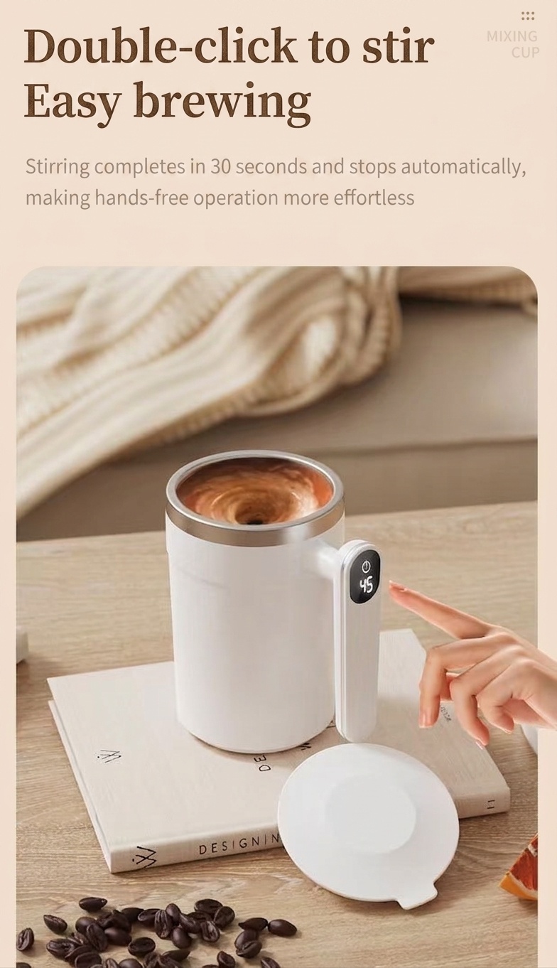 Intelligenter 400-ml-Kaffeebecher mit Selbstumrührfunktion, gut lesbarer Temperaturanzeige, magnetischem Rotor, Edelstahl 304, 300-mAh-Akku (USB-C-Ladefunktion)