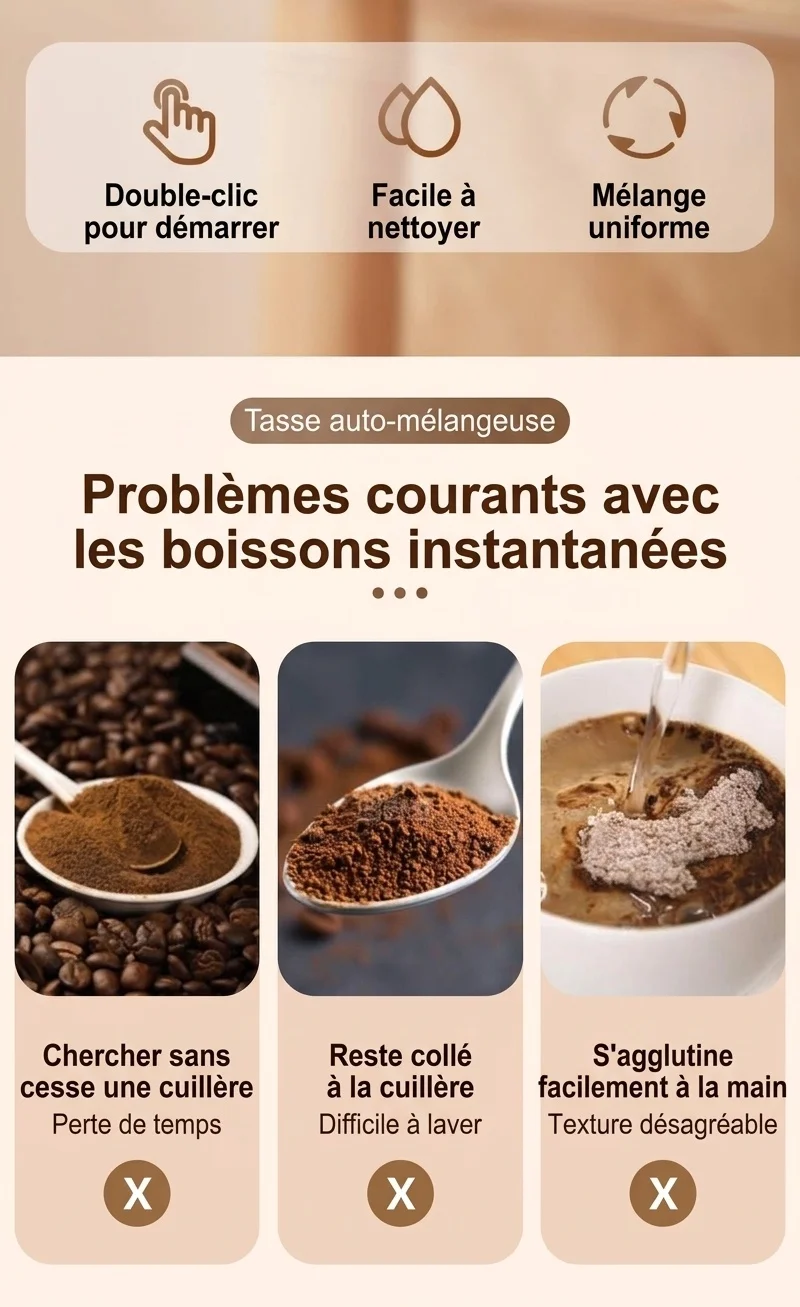Mug à café auto-mélangeur automatique, rechargeable par USB, avec base amovible et chargement USB Type-C.