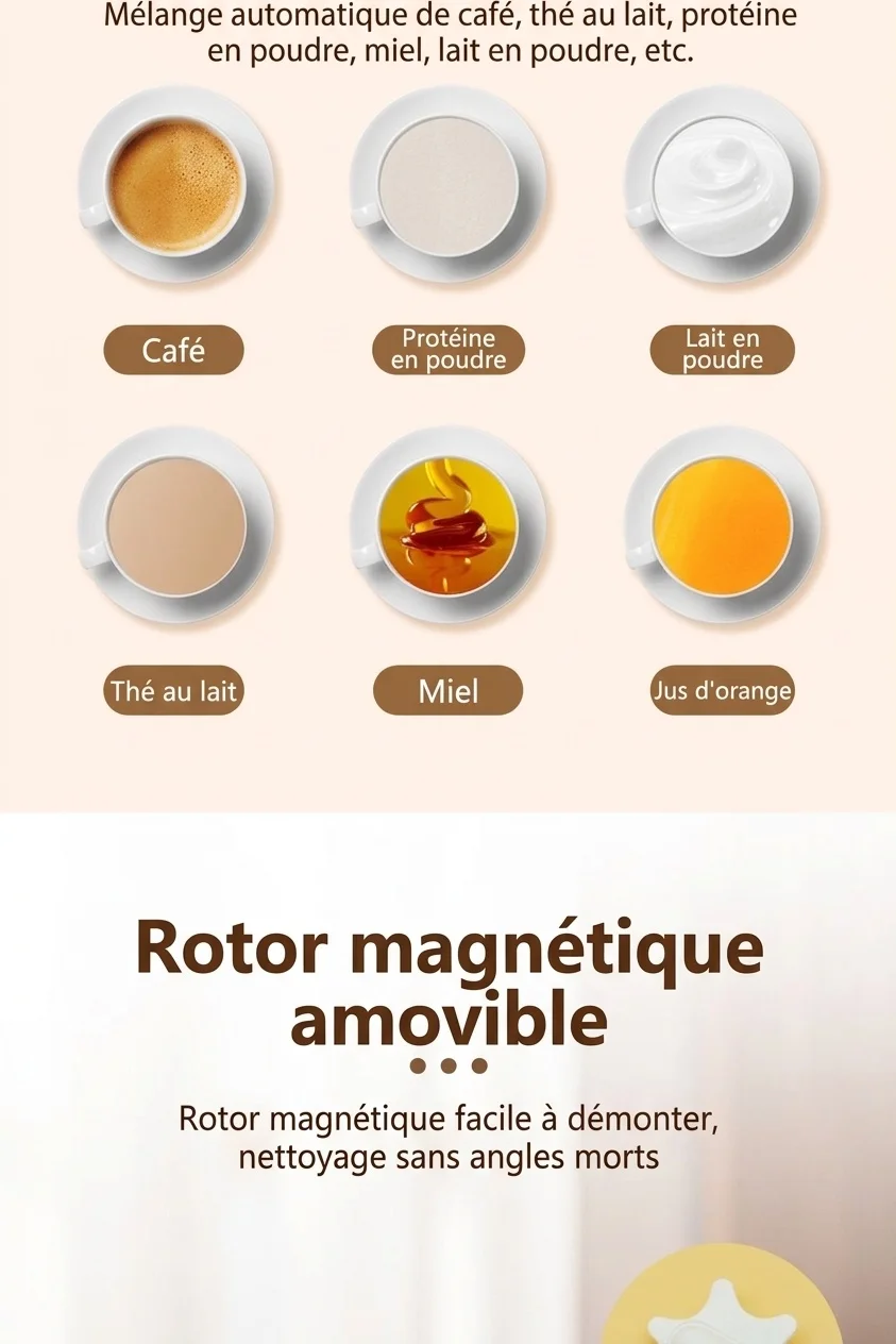 Mug à café auto-mélangeur automatique, rechargeable par USB, avec base amovible et chargement USB Type-C.