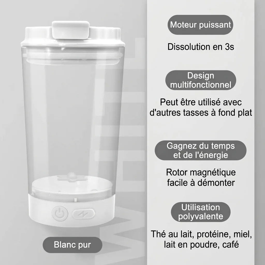 Mug à café auto-mélangeur automatique, rechargeable par USB, avec base amovible et chargement USB Type-C.