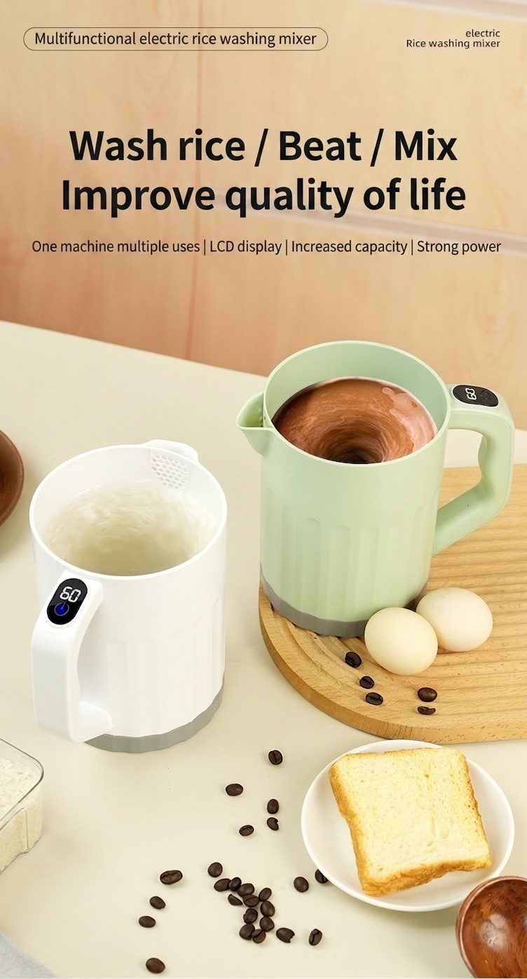 Elektrischer 1-Liter-Mixbecher und Reiskocher, automatischer Rühr- und Schneebesen, lebensmittelechtes ABS, 1200-mAh-Akku, wiederaufladbares Mehrzweck-Küchengerät