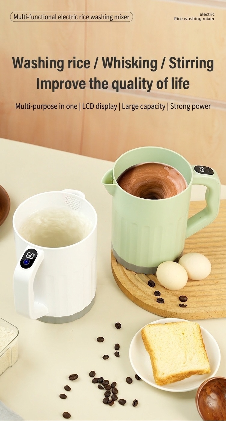 Elektrischer 1-Liter-Mixbecher und Reiskocher, automatischer Rühr- und Schneebesen, lebensmittelechtes ABS, 1200-mAh-Akku, wiederaufladbares Mehrzweck-Küchengerät