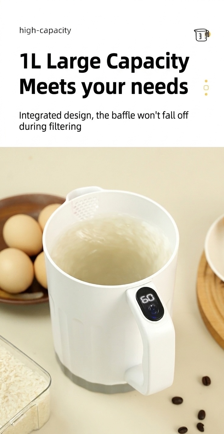 Elektrischer 1-Liter-Mixbecher und Reiskocher, automatischer Rühr- und Schneebesen, lebensmittelechtes ABS, 1200-mAh-Akku, wiederaufladbares Mehrzweck-Küchengerät