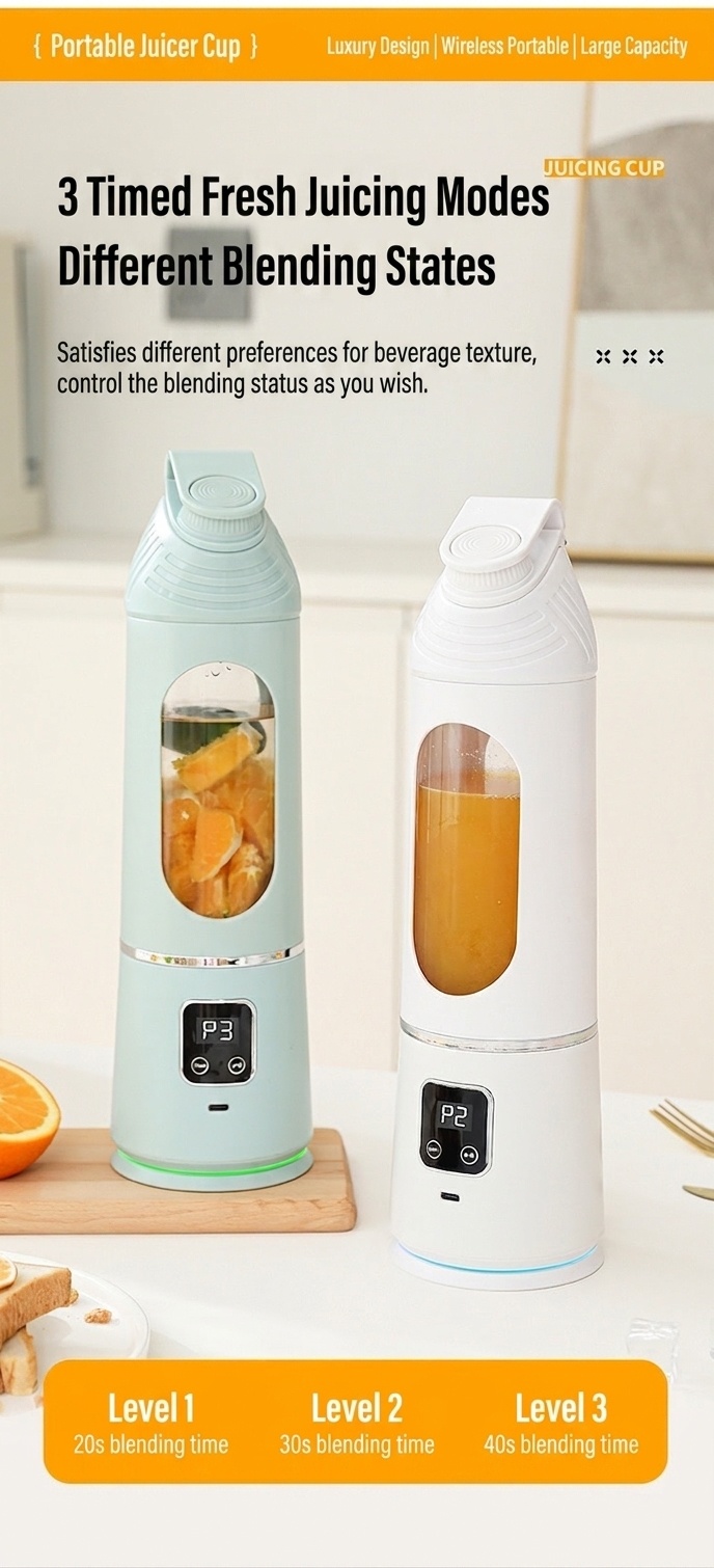 Tragbarer, per USB aufladbarer Mixer, Mini-Entsafterbecher mit 6-Klingen-Edelstahlklinge, 2500-mAh-Akku für 15 Mixvorgänge, Typ-C-Ladeanschluss für Smoothies