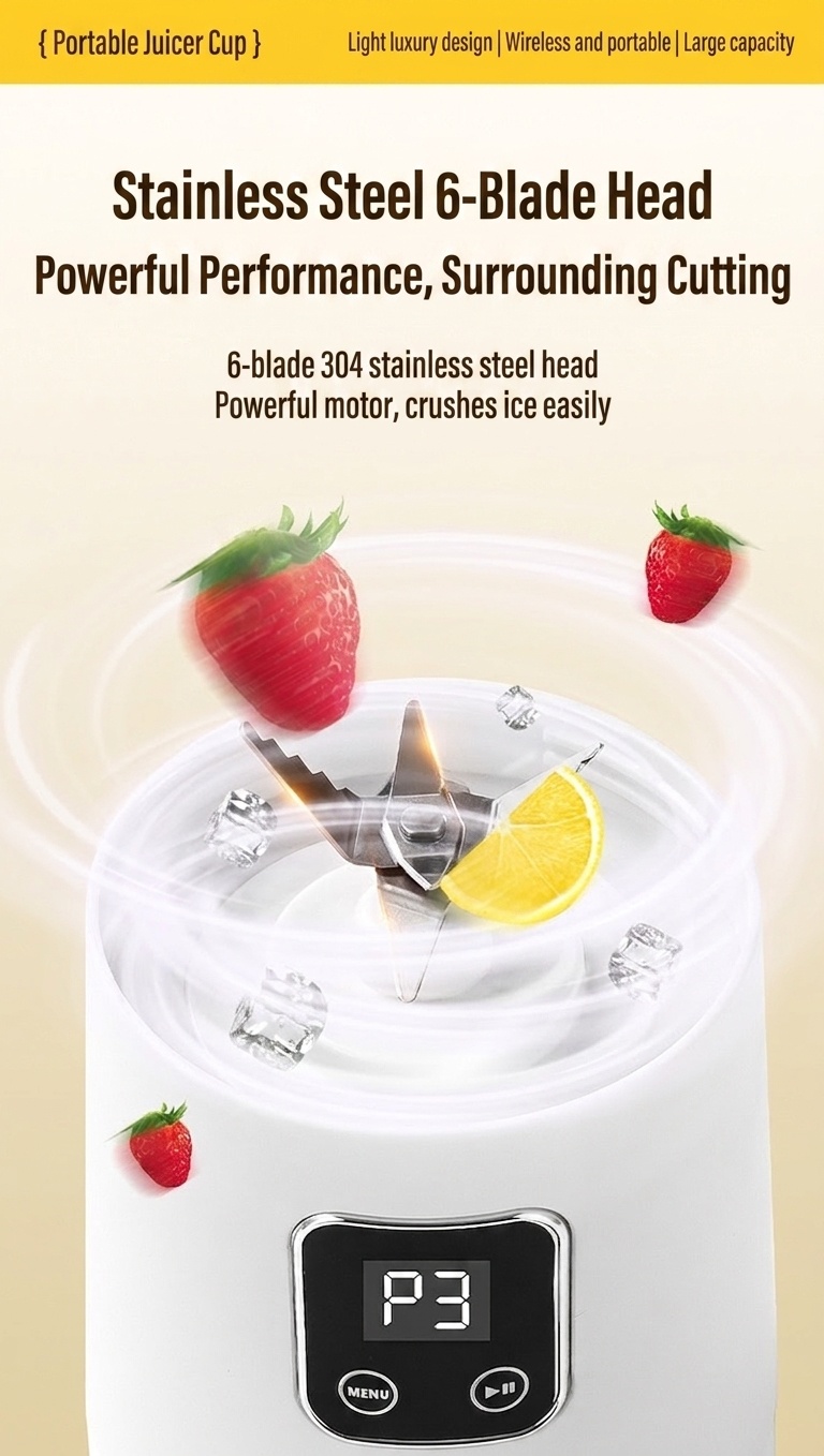 Tragbarer, per USB aufladbarer Mixer, Mini-Entsafterbecher mit 6-Klingen-Edelstahlklinge, 2500-mAh-Akku für 15 Mixvorgänge, Typ-C-Ladeanschluss für Smoothies