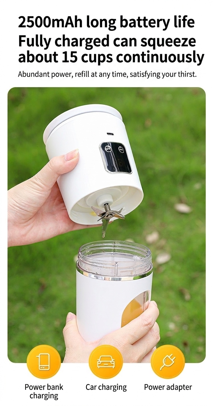 Tragbarer, per USB aufladbarer Mixer, Mini-Entsafterbecher mit 6-Klingen-Edelstahlklinge, 2500-mAh-Akku für 15 Mixvorgänge, Typ-C-Ladeanschluss für Smoothies