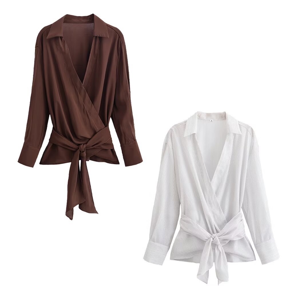 Striped Tie-Waist Blouse - European Style KUN-00112