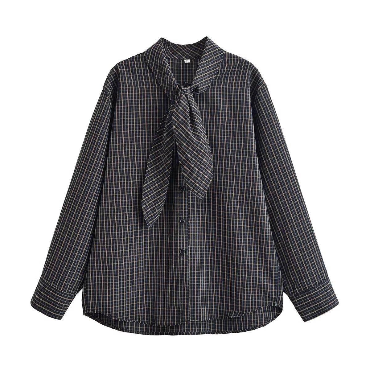 Gingham Scarf Shirt - Trendy European Style Blouse KUN-00113