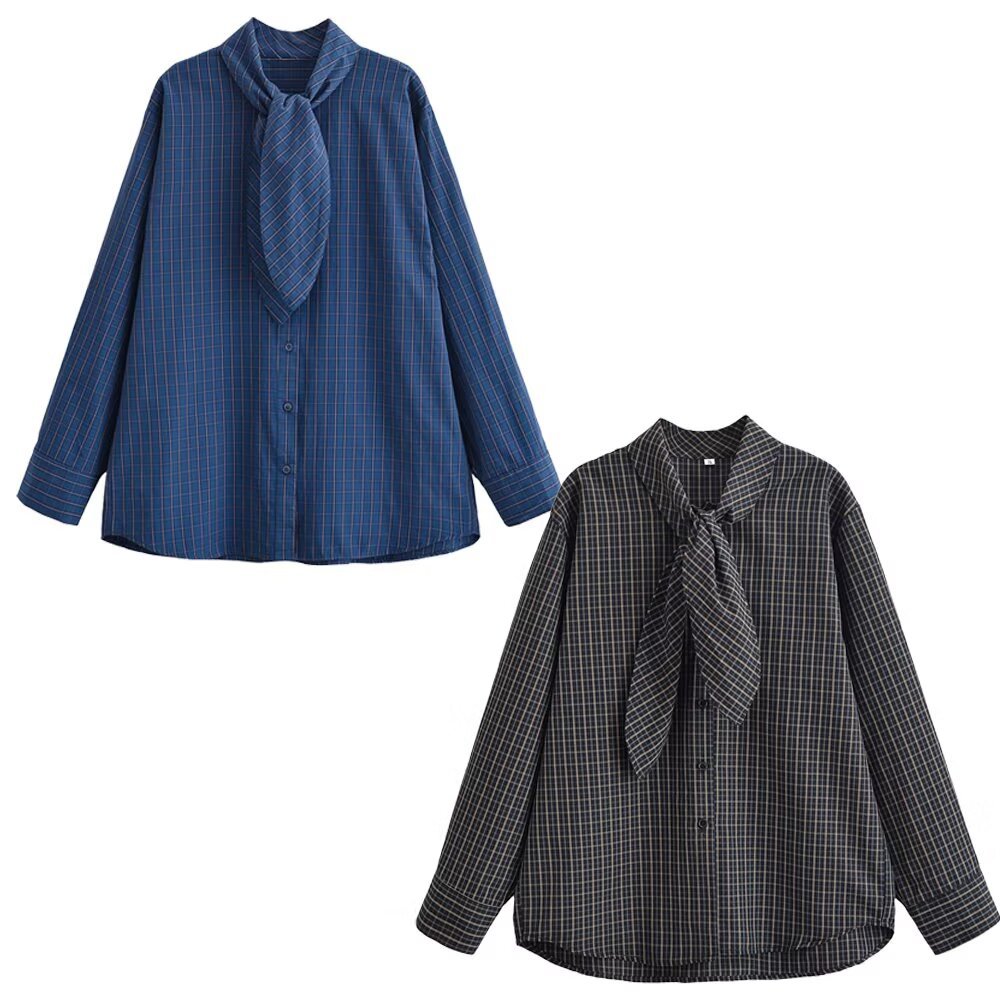 Gingham Scarf Shirt - Trendy European Style Blouse KUN-00113