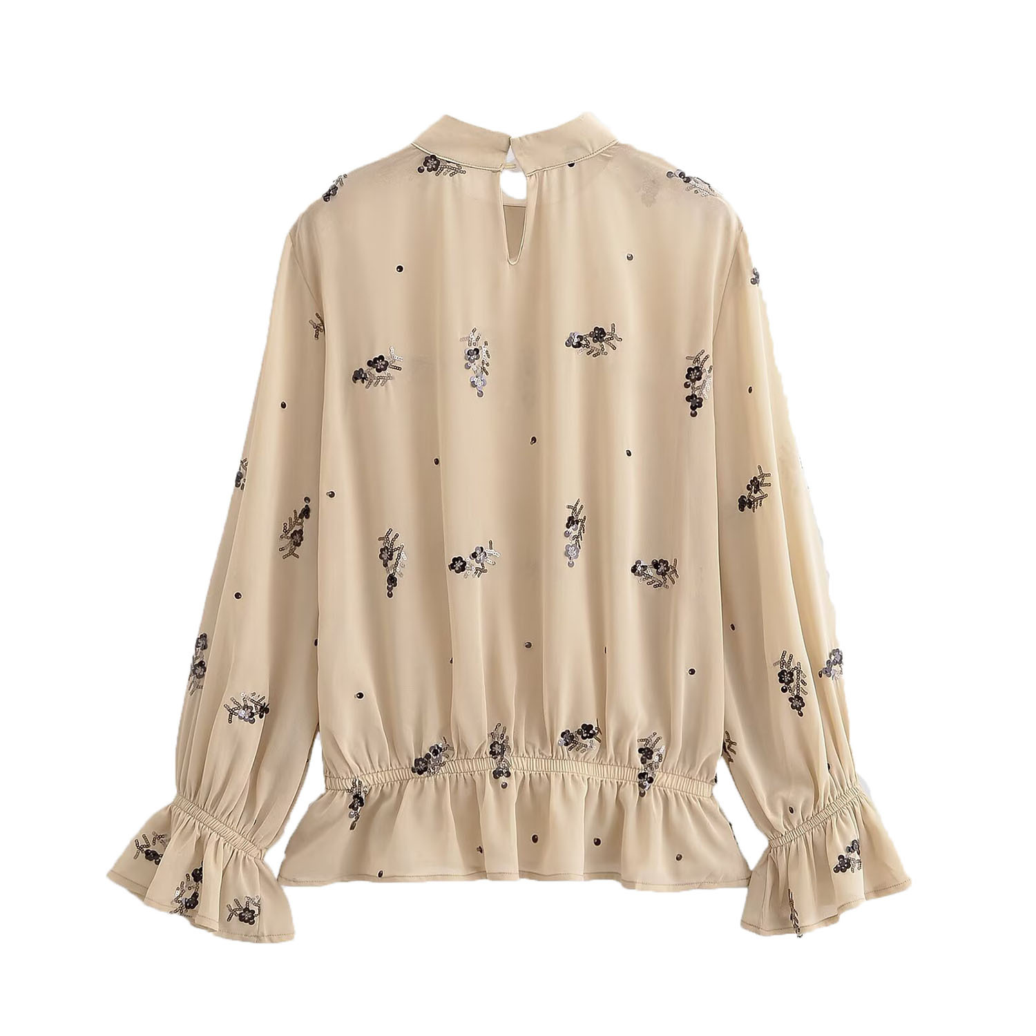 Damesblouse met bloemenprint en pailletten, elegante top met opstaande kraag KUN-00045