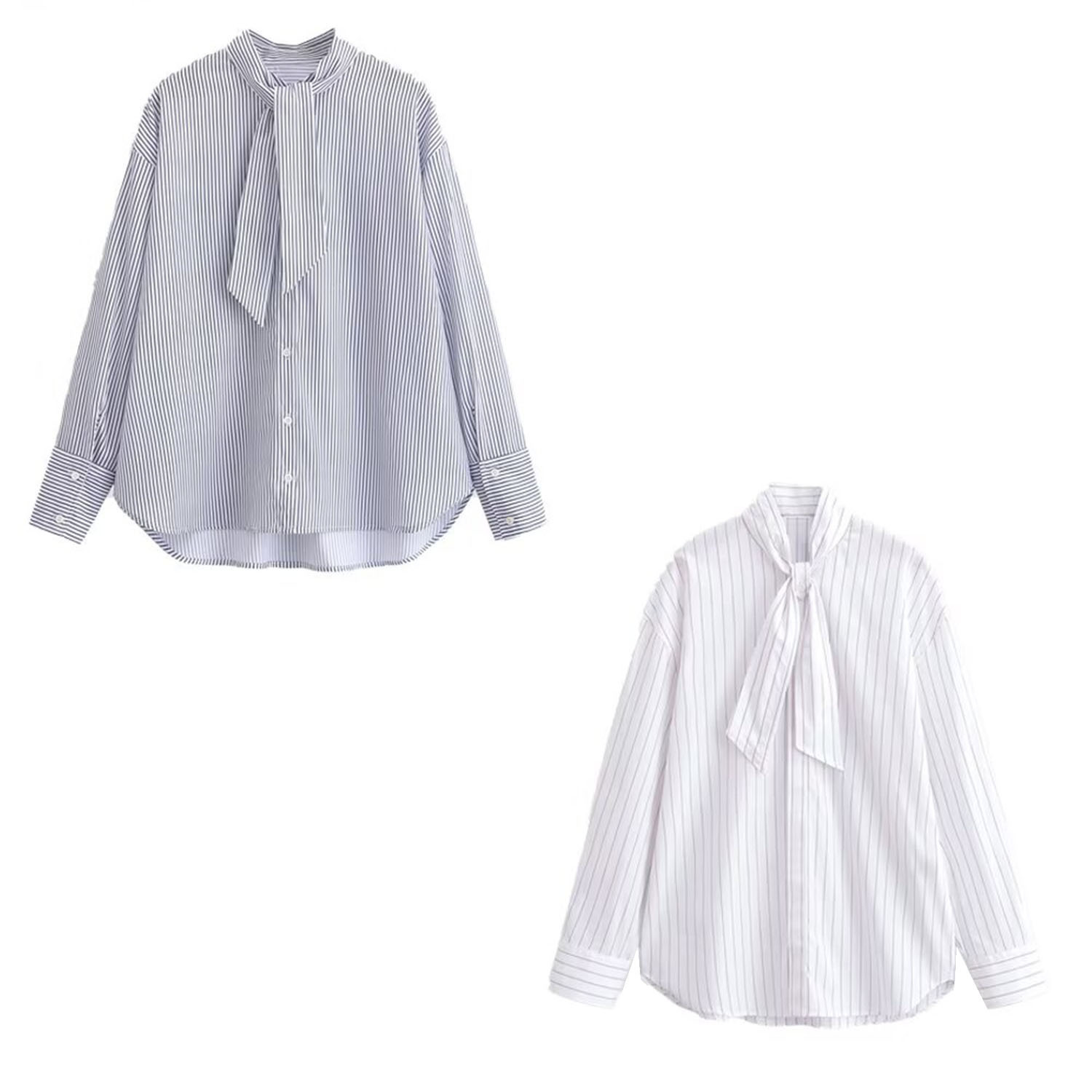 Striped Scarf Blouse - European Style Trendy Shirt KUN-00085