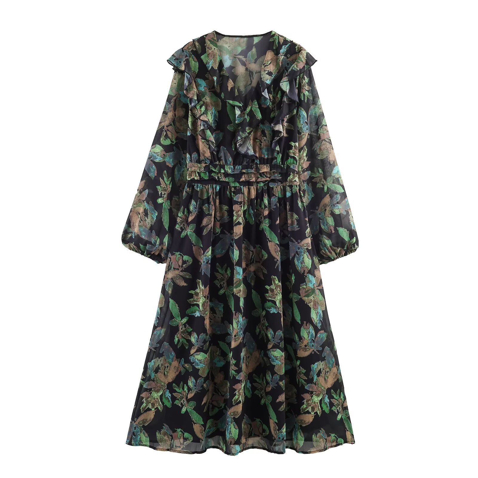 Vestido de manga larga con estampado floral para mujer, clásico, informal y elegante, KUN-00017