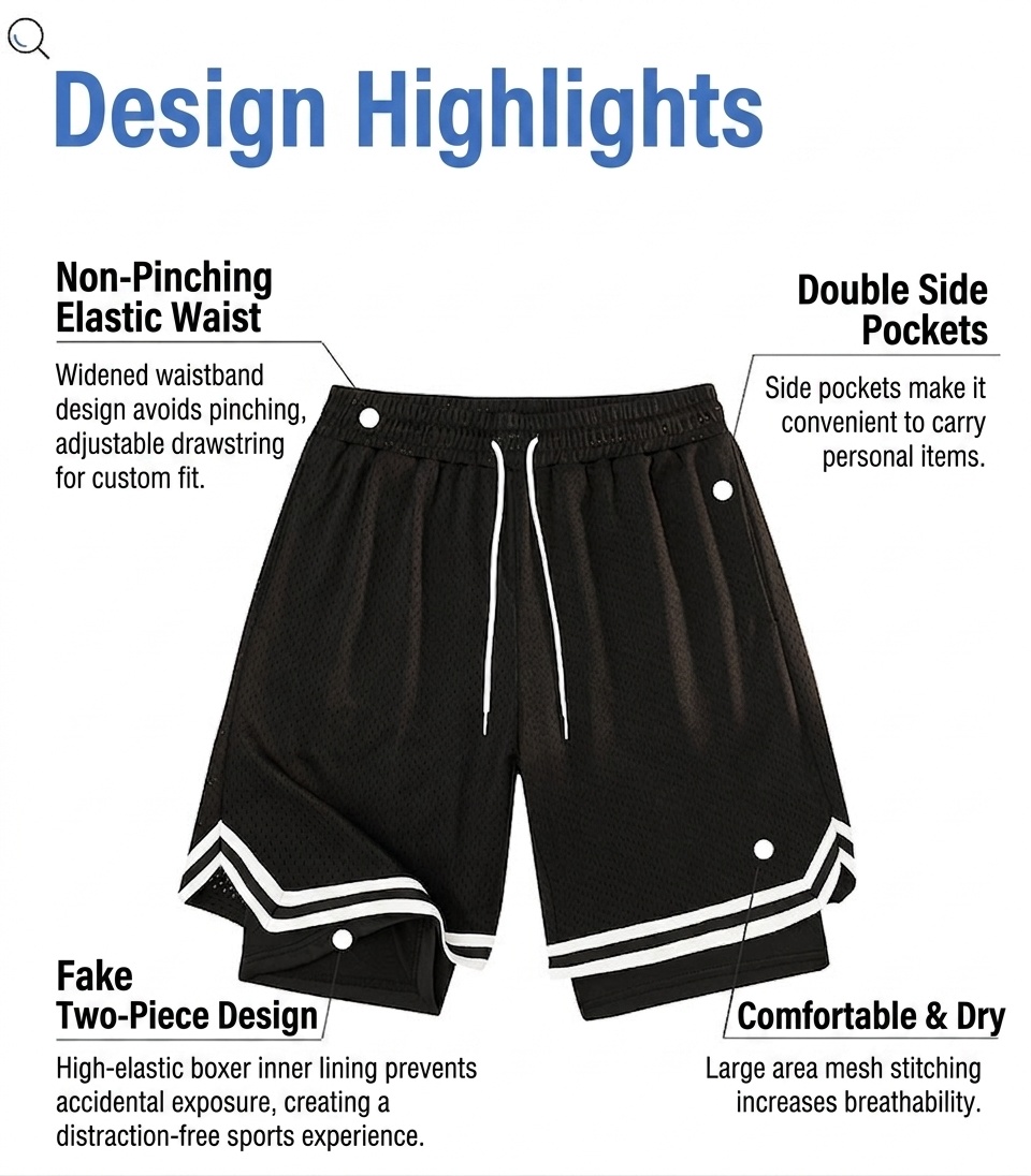 Pantalones cortos de baloncesto de malla para hombre con forro y bolsillos.