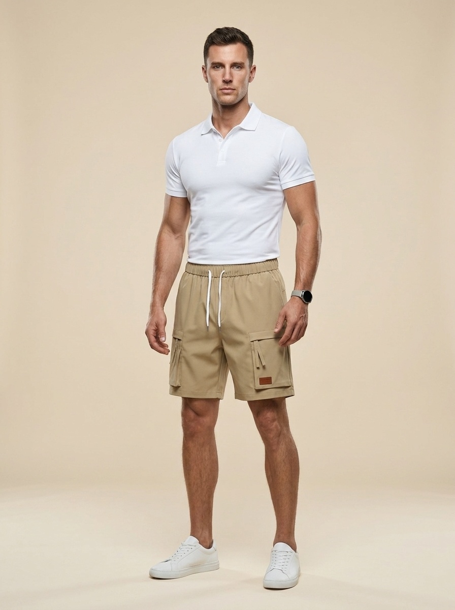 Pantalones cortos cargo informales para hombre con cordón ajustable y bolsillos.