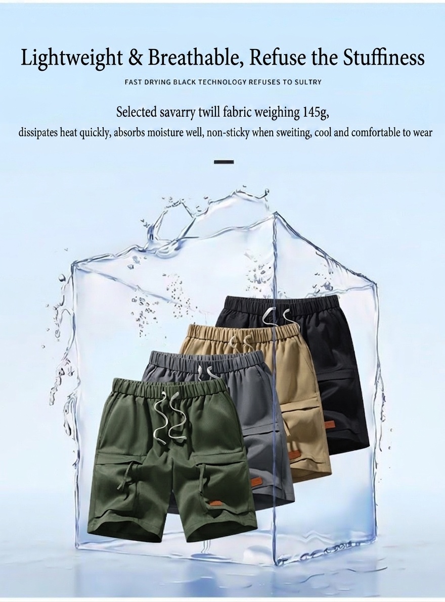 Pantalones cortos cargo informales para hombre con cordón ajustable y bolsillos.