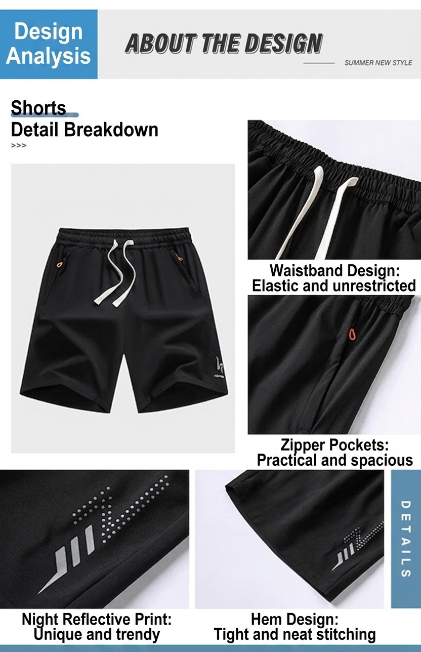 Sportliche Herren-Shorts aus Eisseide, schnelltrocknend, mit Reißverschlusstaschen