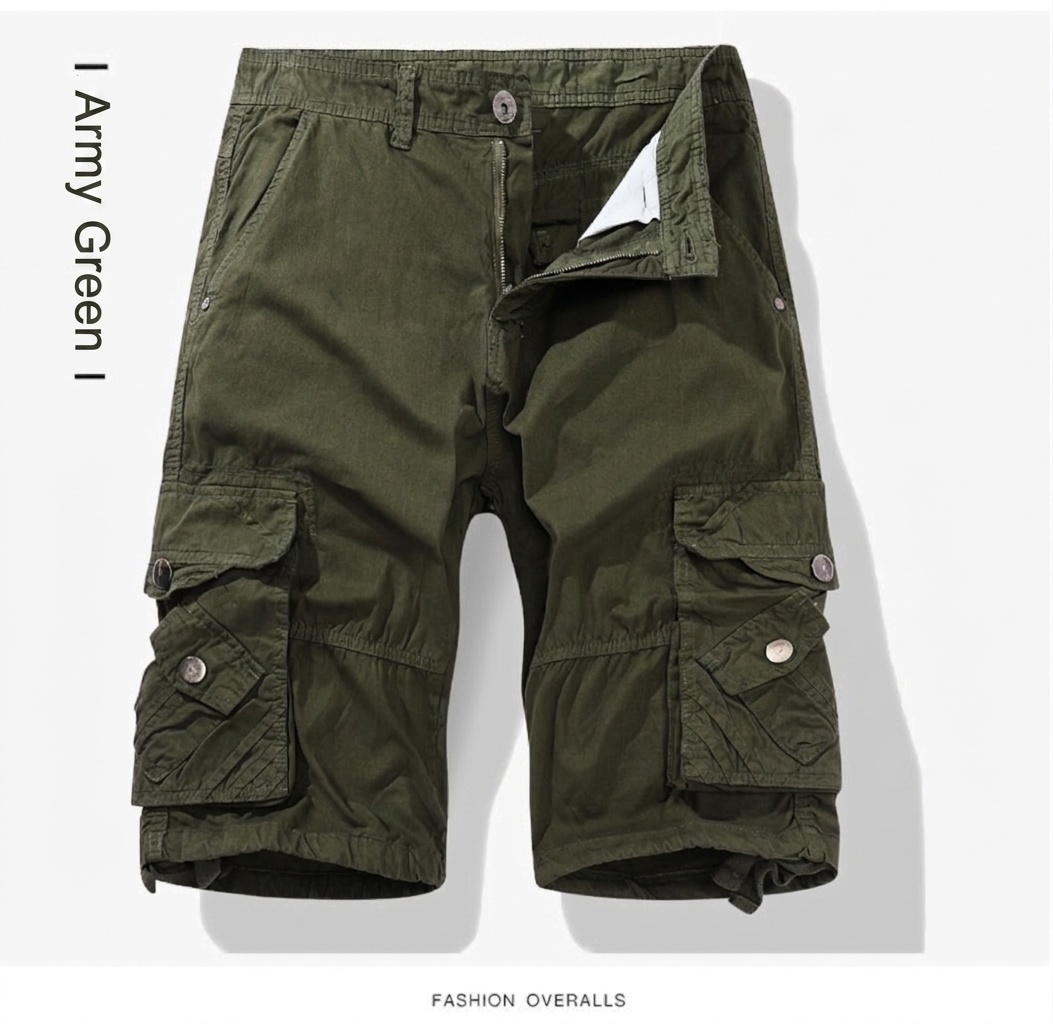 Pantalones cortos cargo casuales para hombre con múltiples bolsillos, ideales para actividades al aire libre.